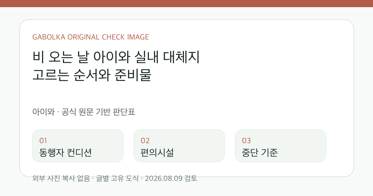 비 오는 날 아이와 실내 대체지 고르는 순서와 준비물 글별 확인 도식